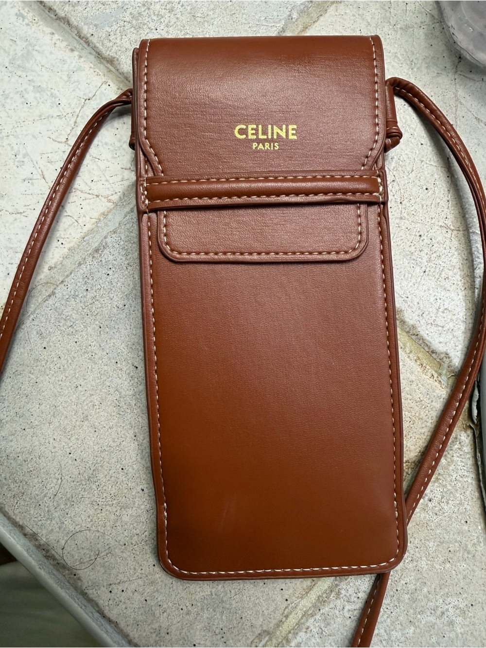 Celine Tan Brown Leather Crossbody sunglasses Pouch with Gold Logo